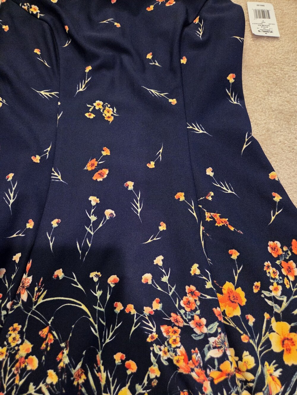 Navy Floral Fit & Flare Dress with Yellow Orange Blooms - Picture 2 of 5